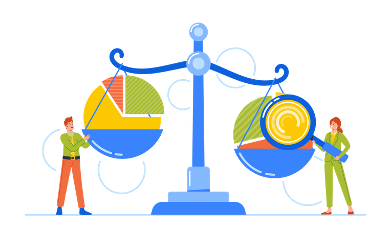 Gens d'affaires avec une énorme loupe analysant des graphiques  Illustration