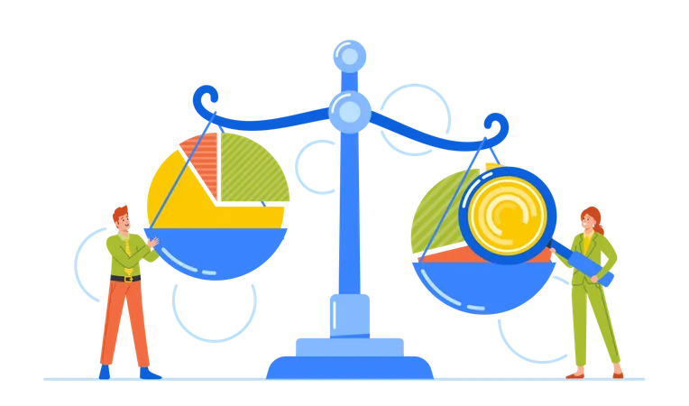 Gens d'affaires avec une énorme loupe analysant des graphiques  Illustration