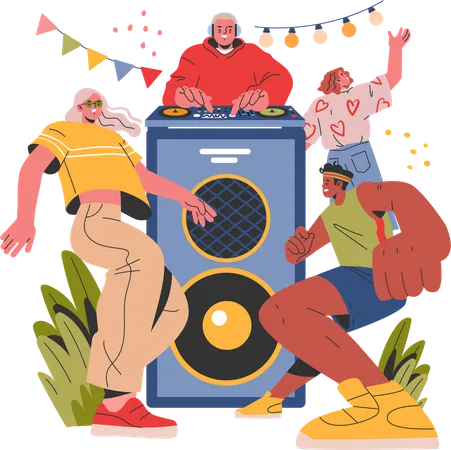 Gens qui dansent dans une fête musicale  Illustration