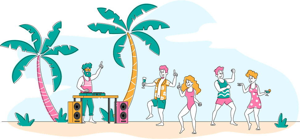 Gens dansant lors d’une fête sur une plage tropicale  Illustration