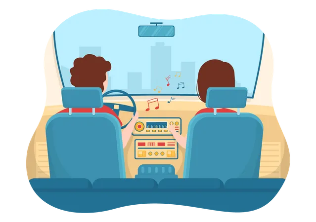 Les gens écoutent de la musique en voiture  Illustration