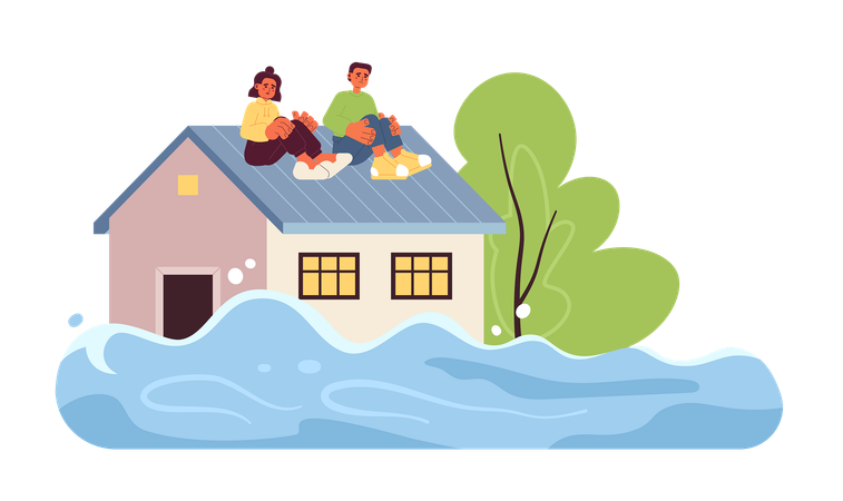 Des gens effrayés sur le toit d'une maison inondée  Illustration