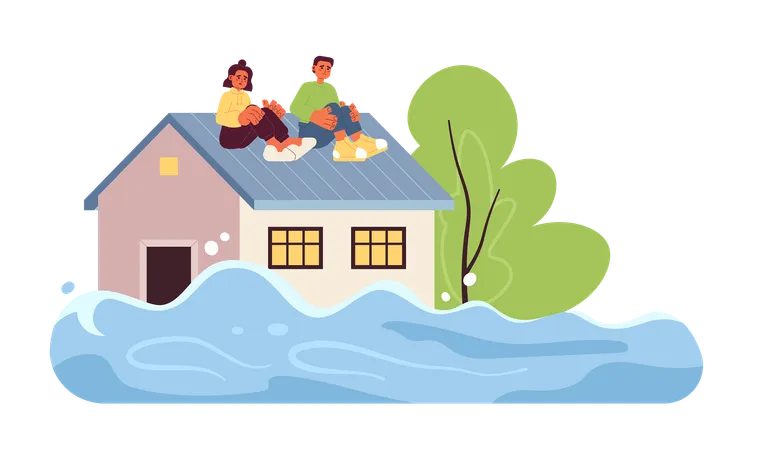 Des gens effrayés sur le toit d'une maison inondée  Illustration