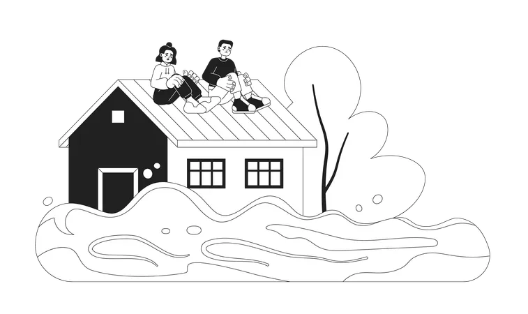 Des gens effrayés sur le toit d'une maison inondée  Illustration