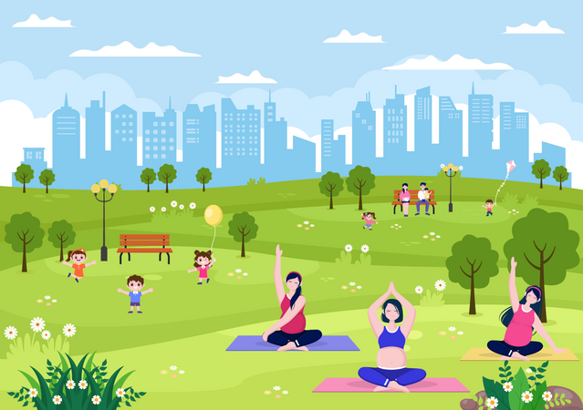 Les gens font du yoga dans le parc de la ville  Illustration