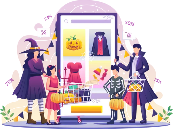 Les gens font du shopping pour Halloween  Illustration