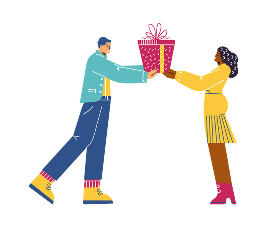 Des gens heureux avec un grand coffret cadeau  Illustration