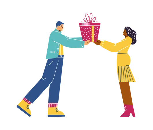 Des gens heureux avec un grand coffret cadeau  Illustration