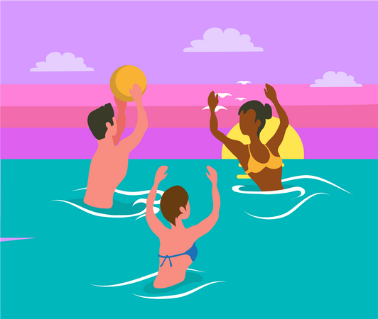 Gens jouant au ballon sur la plage  Illustration