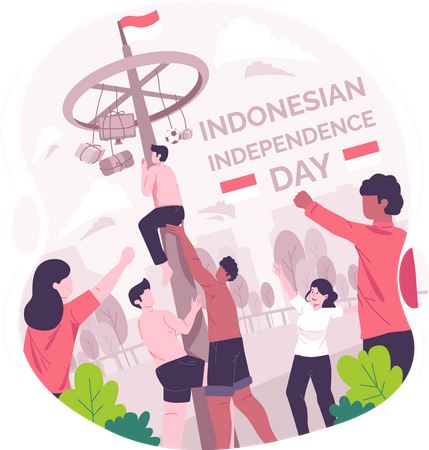 Personnes jouant au Panjat pinang ou à une compétition de jeu d'escalade sur poteau le jour de l'indépendance de l'Indonésie  Illustration