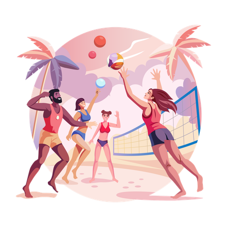 Gens jouant au volley-ball sur la plage  Illustration