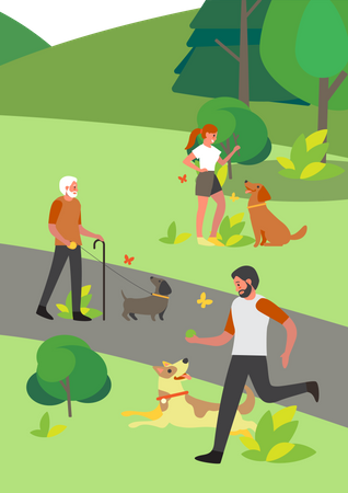 Gens marchant avec des chiens dans le parc  Illustration