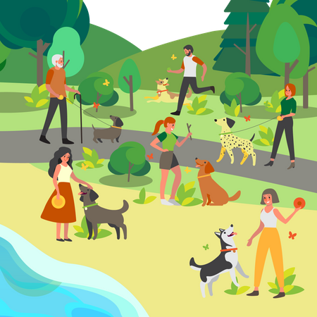 Les gens marchent et jouent avec leurs chiens dans le parc  Illustration