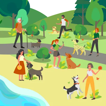 Les gens marchent et jouent avec leurs chiens dans le parc  Illustration