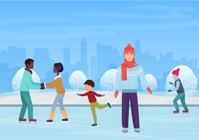 Les gens patinent sur glace en hiver  Illustration