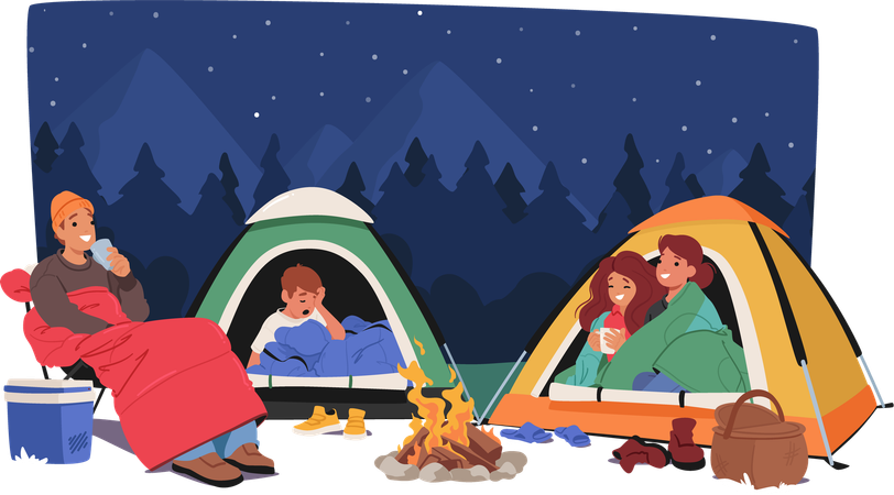 Des gens qui font du camping de nuit  Illustration