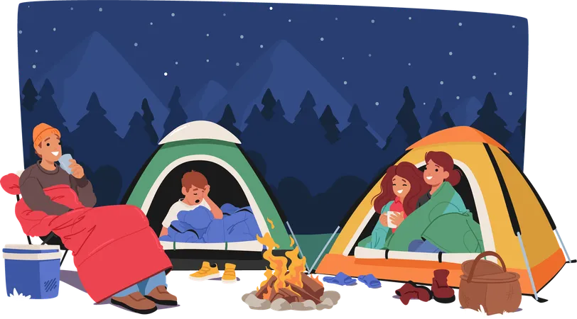 Des gens qui font du camping de nuit  Illustration