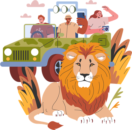 Des gens regardent un lion lors d'un safari dans la jungle  Illustration