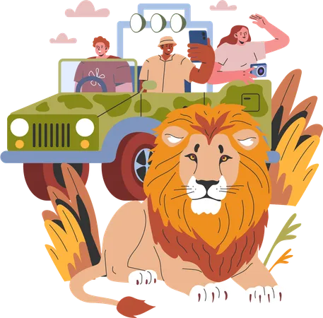 Des gens regardent un lion lors d'un safari dans la jungle  Illustration