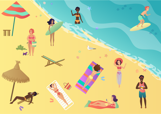 Les gens se détendent sur la plage  Illustration