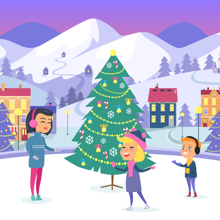 Gens sur une patinoire dans une ville de Noël décorée  Illustration