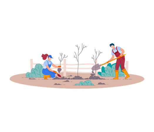 Agricultores cavando con pala  Ilustración