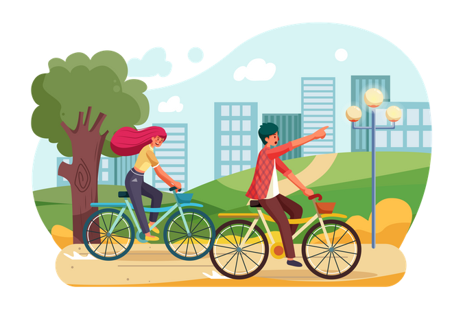 Gente andando en bicicleta en el parque.  Ilustración