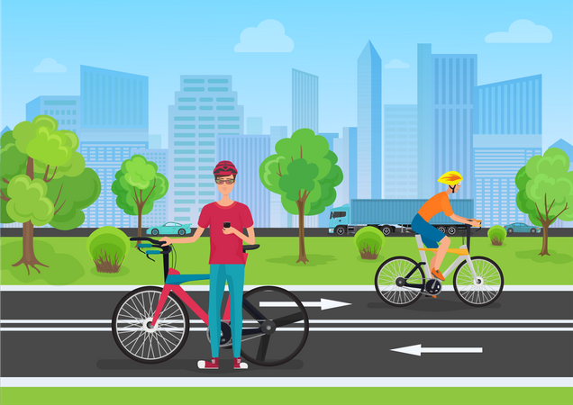Gente en bicicleta en la ciudad  Ilustración