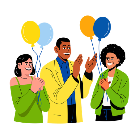 Personas aplaudiendo y sosteniendo globos en una fiesta de cumpleaños.  Ilustración