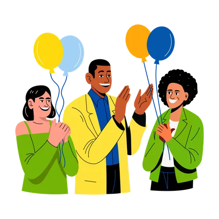 Personas aplaudiendo y sosteniendo globos en una fiesta de cumpleaños.  Ilustración