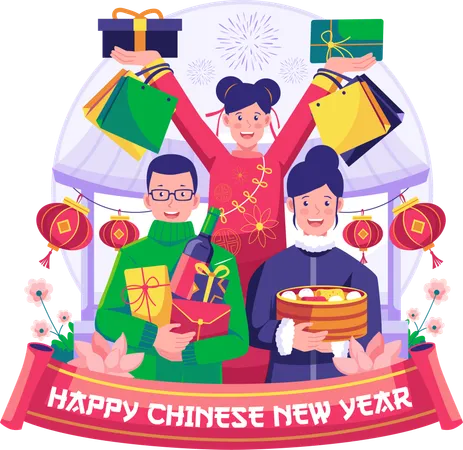 Los asiáticos compran regalos para celebrar el año nuevo.  Ilustración