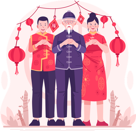 Personas asiáticas vestidas con ropa tradicional china realizan gestos de saludo con el puño y la palma para desear un feliz año nuevo chino  Ilustración