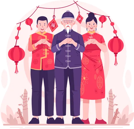 Personas asiáticas vestidas con ropa tradicional china realizan gestos de saludo con el puño y la palma para desear un feliz año nuevo chino  Ilustración