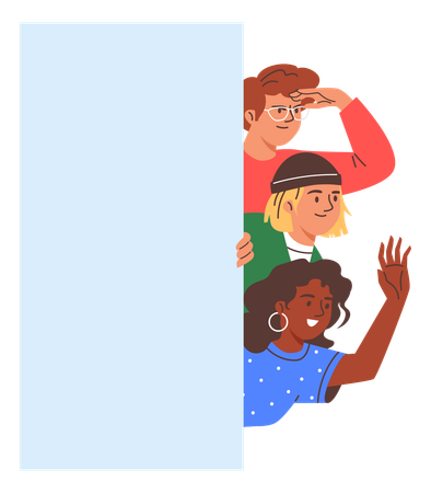 Gente asomándose desde detrás de una pared azul  Ilustración