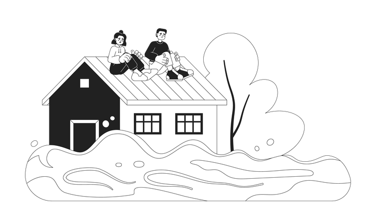 Gente asustada en el techo de una casa inundada  Ilustración
