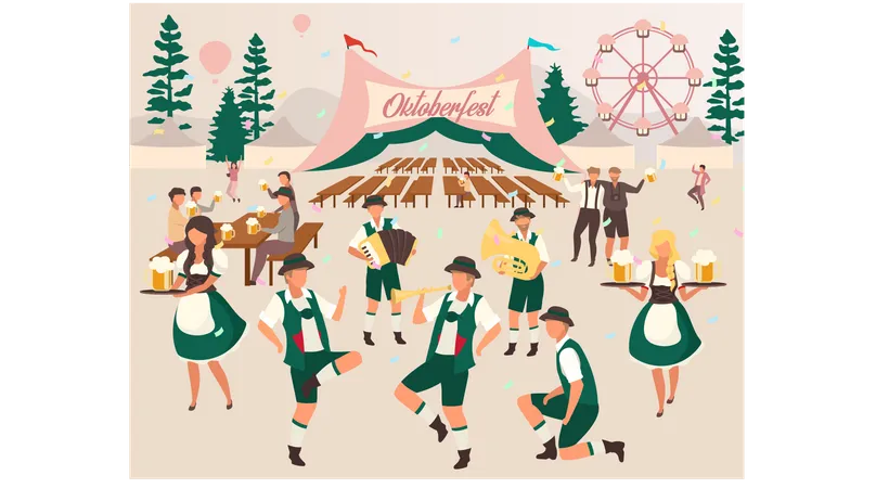 Gente bailando música en el festival.  Ilustración