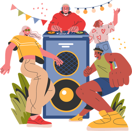 Gente bailando en fiesta de música  Ilustración