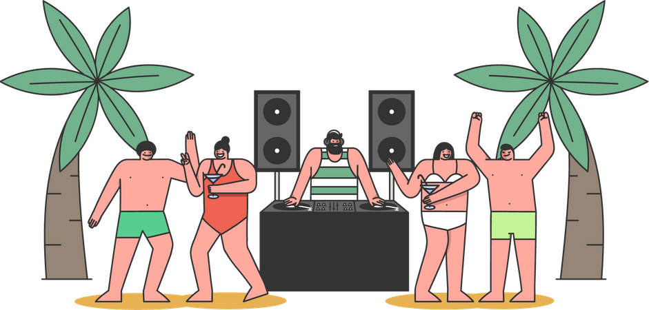 Gente bailando en una fiesta en la playa.  Ilustración