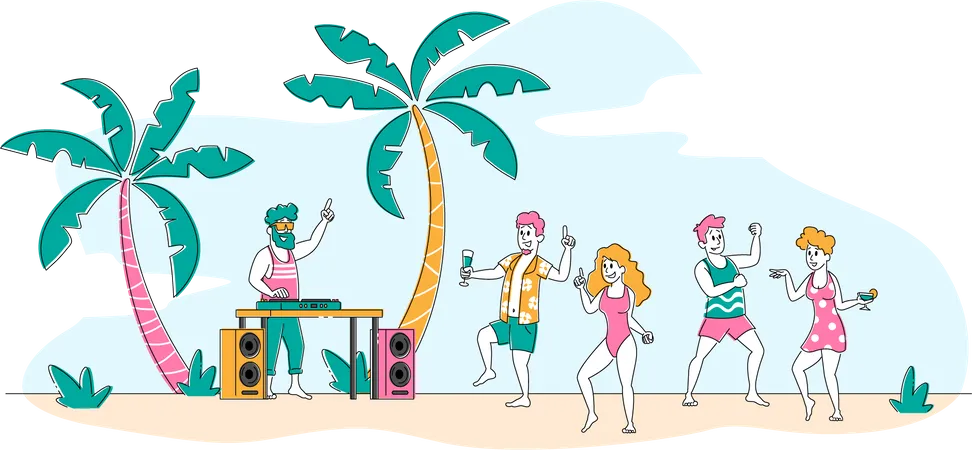 Gente bailando en una fiesta en la playa tropical  Ilustración