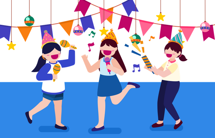 Gente bailando y cantando en fiesta.  Ilustración