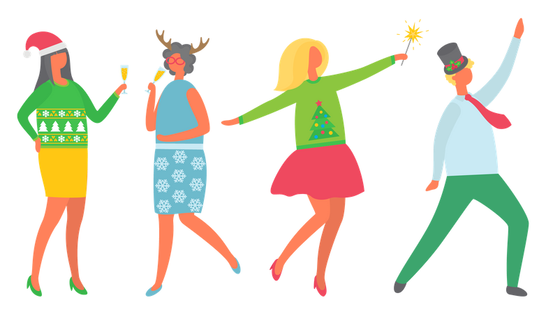 Gente bailando y celebrando la navidad.  Ilustración