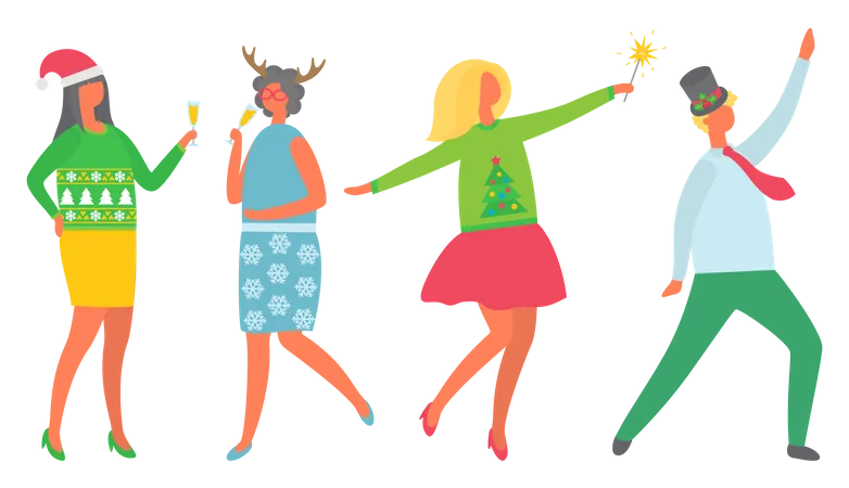 Gente bailando y celebrando la navidad.  Ilustración