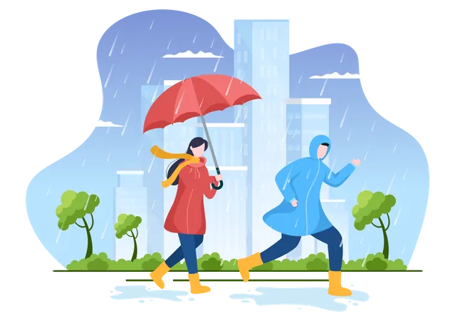 Gente bajo la lluvia  Ilustración