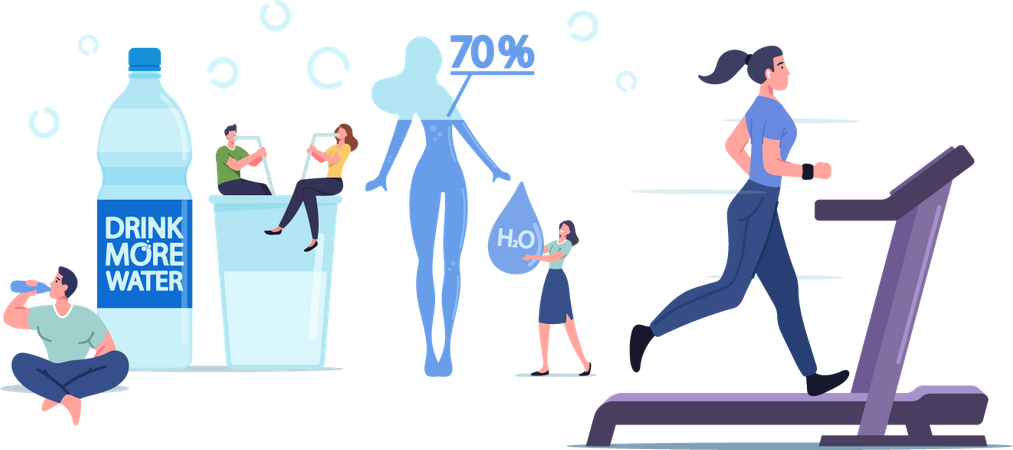 La gente bebe agua y la mujer hace ejercicio en la cinta de correr  Ilustración