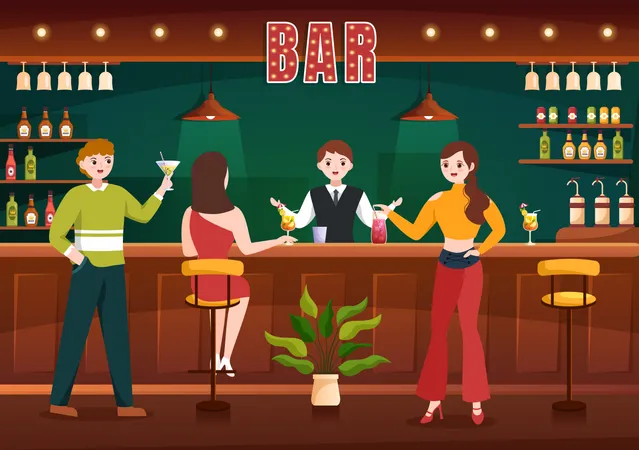 Gente bebiendo cócteles en el bar  Ilustración