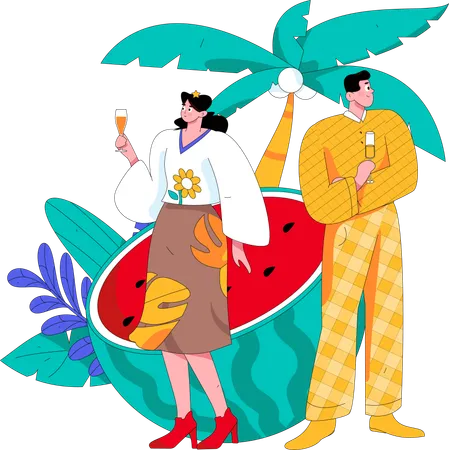 Gente bebiendo jugo de frutas en la playa  Ilustración