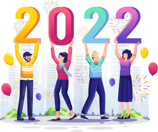 Gente dando la bienvenida al 2022  Ilustración