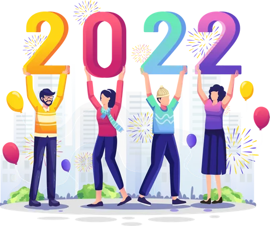 Gente dando la bienvenida al 2022  Ilustración