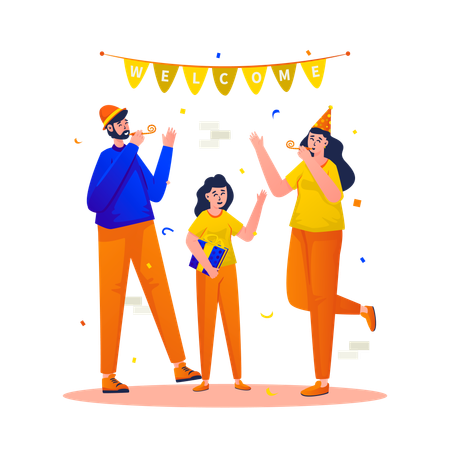 Gente bienvenida a la fiesta familiar.  Ilustración