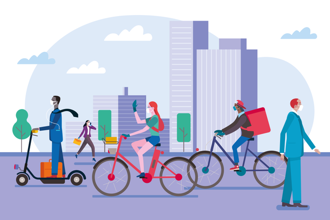 Personas caminando, andando en bicicleta y scooter, usando máscaras en la ciudad para protegerse de los virus  Ilustración